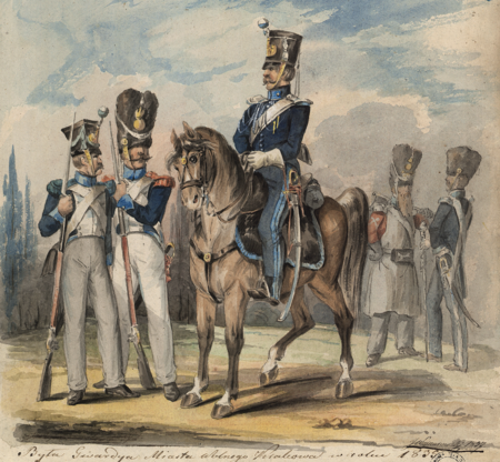 (088) Jan Kanty Wojnarowski, akwarela z 1837 r. z tzw. Tek Grabowskiego, prezentująca Gwardię Wolnego Miasta Krakowa, zwaną też Milicją
Wolnego Miasta Krakowa. Formacja ta, działająca w latach 1816–1846, była następczynią Gwardii Narodowej Krakowskiej z lat 1810–1813, gdy Kraków
pozostawał w granicach Księstwa Warszawskiego; na rysunku od lewej strony: fizylier, grenadier, żandarm, saper i tamburmajor; widzimy umundurowanie
biało-niebieskie, odpowiadające oficjalnie już przyjętym barwom Krakowa (ANK, sygn. E 114, s. 361)