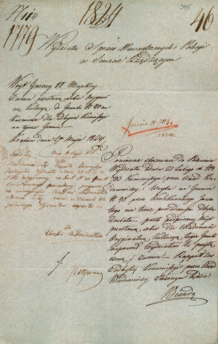 Z akt Wolnego Miasta Krakowa dotyczących spraw gruntowych dokument z 1824 r. – korespondencja
wójta Jakuba Biande z Wydziałem Spraw Wewnętrznych i Policji w Senacie Rządzącym
(Archiwum Narodowe w Krakowie, sygn. WMK VI-60, s. 345)