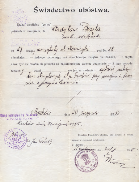 Z akt Starostwa Grodzkiego Krakowskiego Sprawy obywatelstwa i stanu cywilnego 1925–1926
świadectwo ubóstwa z 1925 r. poświadczone przez komisarza Adolfa Rottera
(Archiwum Narodowe w Krakowie, sygn. StGKr 547, nlb)