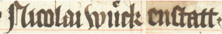 Z księgi radzieckiej Kazimierza obejmującej lata 1402–1416: fragment wpisu
dokumentującego wybór rajców na rok 1411, z Mikołajem Wokenstraterem młodszym w składzie – zbliżenie zapisu imienia
(Biblioteka Jagiellońska, sygn. rkps 1045/1, k. 217)