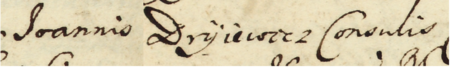 Z księgi wójtowsko-ławniczej Kleparza obejmującej lata 1668–1682: fragment wpisu z 1670 roku
dokumentującego sprawę pomiędzy rajcą Marcinem Grudniewiczem (nr 169) a sukcesorami zmarłego rajcy Jana Dryjewicza – zbliżenie zapisu imienia i urzędu (Archiwum Narodowe w Krakowie, sygn. KL 14, s. 56)