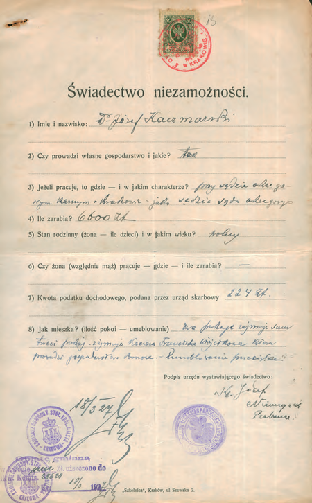 Z akt Sprawy paszportowe 1927 wystawione w 1927 r. świadectwo niezamożności
poświadczone przez komisarza Ferdynanda Mrozińskiego
(Archiwum Narodowe w Krakowie, sygn. StGkr 439, s. 13)