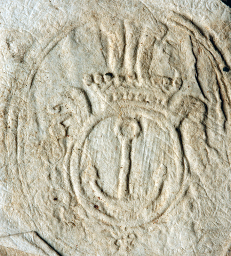 Pieczęć opłatkowa z dokumentu wystawionego w 1777 roku przez urząd wójtowsko-ławniczy jurydyki
Groble; jest to pieczęć z herbem Kotwica, zatem ówczesnego dzierżawcy Grobli kanonika katedralnego Hugona
Kołłątaja (Archiwum Narodowe w Krakowie, sygn. Jur. IX-3, s. 49)