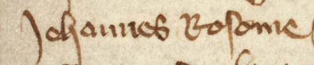 Z najstarszej zachowanej księgi radzieckiej Kazimierza obejmującej lata 1369–1381:
fragment wpisu dokumentującego wybór rajców na rok 1369, z Janem Rosome w składzie –
oraz zbliżenie zapisu imienia (Archiwum Narodowe w Krakowie,
sygn. K 1, s. 47)