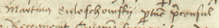 Z księgi miejskiej ławniczej Kleparza obejmującej lata 1499–1528: początkowy fragment wpisu z 1519 roku
dotyczącego sprawy przed ławą z udziałem Marcina Suloszowskiego, wówczas burmistrza kleparskiego –
oraz zbliżenie zapisu imienia i funkcji (Archiwum Narodowe w Krakowie, sygn. KL 1, s. 327)