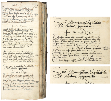 Z księgi radzieckiej obejmującej lata 1538–1540 strona 405 z nagłówkiem otwierającym wpisy spraw
za kadencji burmistrzowskiej Andrzeja Fogelwedera w 1539 roku – oraz powiększenie zapisu imienia i funkcji burmistrza
(Archiwum Państwowe w Krakowie, sygn. rkps 437, s. 405)