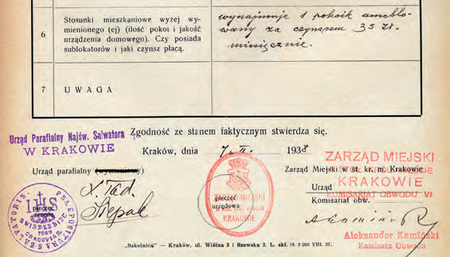Z akt magistrackich dotyczących przynależności fragment świadectwa ubóstwa z 1938 r. –
potwierdzenie sygnował kierownik Aleksander Kamiński
(Archiwum Narodowe w Krakowie, sygn. Kr 5246, nlb)