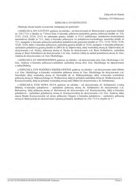 Z oryginału uchwały nr XCIX/1510/14 Rady Miasta Krakowa z dnia 12 marca 2014 r.
w sprawie organizacji i zakresu działania Dzielnicy XVI Bieńczyce w Krakowie
(Statut Dzielnicy XVI Bieńczyce)