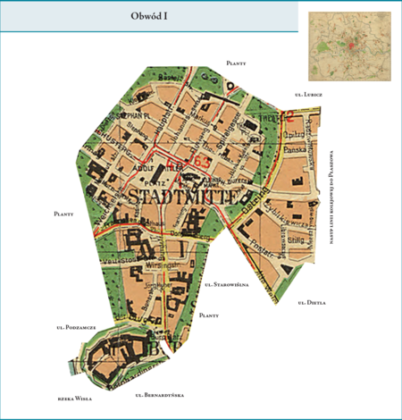 Obwód I według stanu z roku 1941 na przywołanym wcześniej planie miasta z 1943 r. – dzielnica administracyjna obejmująca
w całości obszar dzielnic katastralnych I–Śródmieście i II–Wawel oraz częściowo, w jej zachodnim fragmencie, dzielnicę katastralną
VI–Wesoła (pozostała część tej dzielnicy katastralnej wchodziła w obszar Obwodu V). Obwód I nie uległ istotnym przekształceniom
terytorialnym w stosunku do Obwodu I z poprzedniego podziału.
