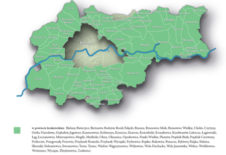 Na planie obrazującym dzisiejsze granice Krakowa miejscowości przyłączone do Krakowa po 1915 roku, oznaczone
kolorem określającym ich przynależność powiatową w ramach departamentu krakowskiego Księstwa Warszawskiego
w latach 1809–1815