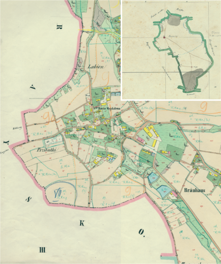 Centrum Kosocic na mapie katastralnej sporządzonej dla gminy katastralnej Kosocice w 1848 roku oraz pochodzący
z 1845 roku plan sytuacyjny z wyrysowanymi granicami gminy Kosocice oraz lokalizacją gmin sąsiadujących
(Archiwum Narodowe w Krakowie, sygn. K. Krak. 257 III, IV; sygn. K. Krak. op. 67, s. 1)