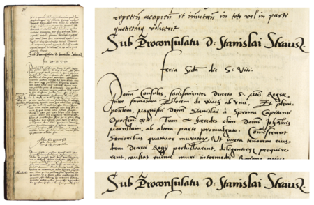 Z księgi radzieckiej obejmującej lata 1545–1547 strona 76 z nagłówkiem otwierającym wpisy spraw
za kadencji burmistrzowskiej Stanisława Strausa w 1545 roku – oraz powiększenie zapisu imienia i funkcji burmistrza
(Archiwum Państwowe w Krakowie, sygn. rkps 440, s. 76)