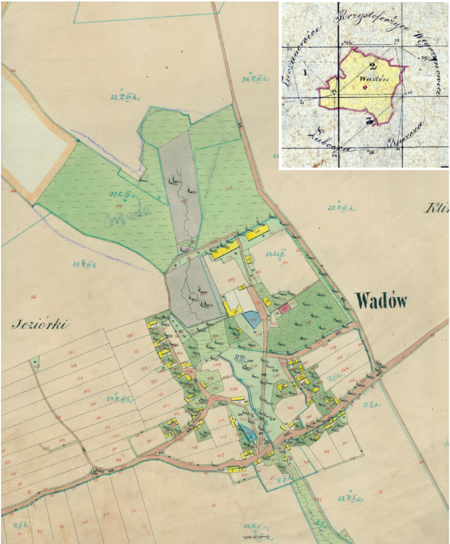 Centrum Wadowa na mapie katastralnej sporządzonej dla gminy katastralnej Wadów w 1850 roku oraz pochodzący
z 1848 roku plan sytuacyjny z wyrysowanymi granicami gminy Wadów oraz lokalizacją gmin sąsiadujących
(Archiwum Narodowe w Krakowie, sygn. K. Krak. 644 II; sygn. 29/280/1525, k. 1)