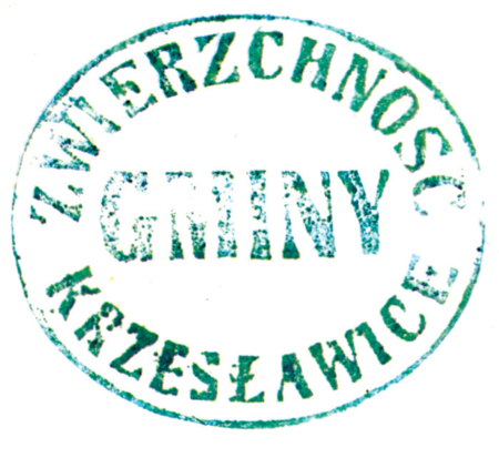 (1867)
Odciski pieczęci urzędowych Krzesławic
z lat 1830, 1867, 1925 i 1946
(Archiwum Narodowe w Krakowie,
sygn. 29/455/308, nlb.;
sygn. WMK XIV-80, s. 2078;
sygn. PUZKr 51, nlb.; sygn. 29/1080/11, s. 83)
