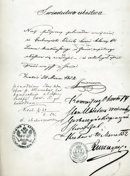 Ze zbioru zaświadczeń szkolnych i metryk uczniów dokument wystawiony
w 1852 r., poświadczony przez komisarza Teodora Łuszczyńskiego
(Archiwum Narodowe w Krakowie, sygn. 29-482-205, s. 61)