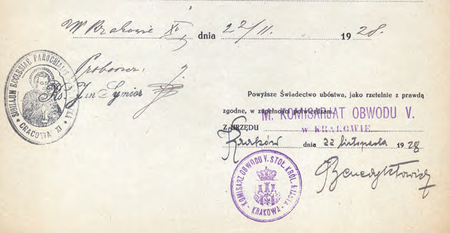 Z akt cmentarzy krakowskich fragment świadectwa ubóstwa z 1928 r. –
poświadczenie złożone przez komisarza Mariana Benedyktowicza
(Archiwum Narodowe w Krakowie, sygn. Cm 611, s. 285)