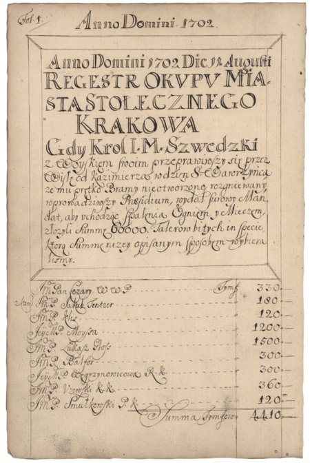 (187) Karta tytułowa księgi miejskiej z 1702 r. zatytułowanej Regestr Okupu Miasta Stołecznego Krakowa Gdy Król I.M. Szwedzki z Woyskiem
Swoim przeprawiwszy się przez Wisłę od Kazimierza w dzień S. Wawrzyńca że mu prętko Bramy nieotworzono…; miasto w upadku, ograbione
okupem, ale stołeczność eksponowana – boso, ale w ostrogach! (ANK, sygn. rkps. 2949)