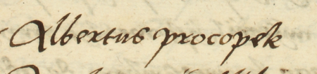 Z księgi radzieckiej Kleparza obejmującej lata 1554–1558: fragment wpisu z 1557 roku dokumentującego
wybór rady urzędującej, z rajcą-burmistrzem Wojciechem Prokopem w składzie – zbliżenie zapisu imienia
(Archiwum Narodowe w Krakowie, sygn. KL 25, s. 549)
