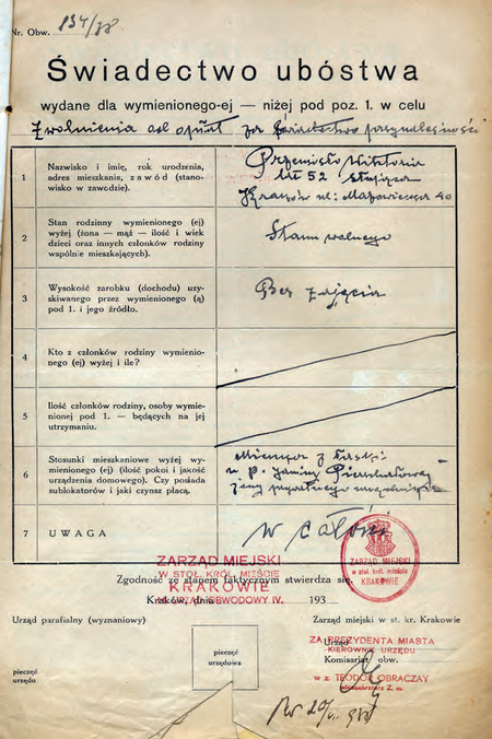 Z akt magistrackich dotyczących przynależności świadectwo ubóstwa z 1938 r.
z potwierdzeniem sygnowanym przez kierownika Teodora Obraczaya
(Archiwum Narodowe w Krakowie, sygn. Kr 5246, nlb)