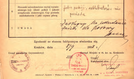 Z magistrackich akt cmetarzy krakowskich fragment wystawionego w 1938 r. świadectwa ubóstwa –
poświadczenie sygnował kierownik Karol Domiczek
(Archiwum Narodowe w Krakowie, sygn. Cm 523, nlb)