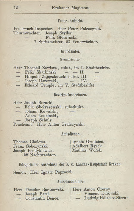 Z rocznika tzw. Szematyzmu galicyjskiego z roku 1855 wykaz komisarzy obwodowych
krakowskiego Magistratu; wśród nich p.o. komisarz Feliks Skarbiński
(Szematyzm 1855, s. tytułowa, s. 42)