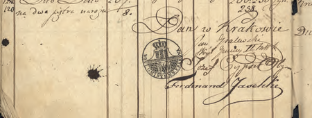 Z Księgi gruntowej Krakowa – vol. antiqua Gmina II fragment strony ze sporządzonego w 1821 r.
i podpisanego przez wójta Jana Gralewskiego wykazu statystycznego realności znajdujących się
w Gminie II Miejskiej, mającego służyć ułożeniu katastru hipotecznego
(Archiwum Narodowe w Krakowie, sygn. rkps dok. dep. 225, nlb)