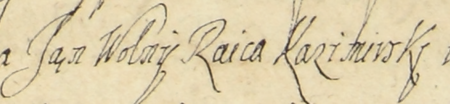 Z księgi testamentów mieszczan kazimierskich z lat 1622–1647: początkowy fragment sporządzonego w 1642 roku,
a wpisanego do księgi w roku 1643 testamentu rajcy Jana Wolnego młodszego – oraz zbliżenie zapisu imienia i urzędu
(Archiwum Narodowe w Krakowie, sygn. K 443, s. 429)