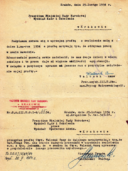 Z akt prezydialnych dokument z 1954 r., w którym kierownik Stefan Lenczowski
nadał bieg wnioskowi podległej pracownicy
(Archiwum Zakładowe Urzędu Miasta Krakowa)