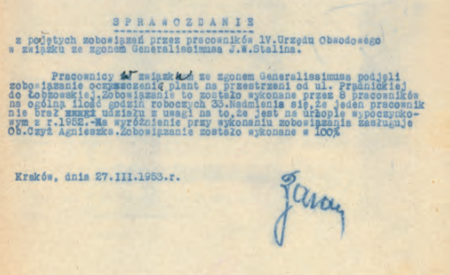 Lata 50. XX w. były szczytowymi pod względem nagminności podejmowanych, a ściślej wymaganych obywatelskich czy pracowniczych
czynów społecznych. Okazje ku temu były wzniosłe lub prozaiczne, związane z manifestacją radości lub smutku.
Z jakimi uczuciami w marcu 1953 r. pracownicy Urzędu Obwodowego IV przystąpili do uchwalonego przez „samych siebie”
czynu społecznego z okazji zgonu Józefa Stalina, owiane jest tajemnicą – w każdym przypadku planty w al. Słowackiego
na odcinku od ul. Prądnickiej do ul. Łobzowskiej zostały oczyszczone i obowiązkowemu rytuałowi stało się zadość, o czym
raportował kierownik Urzędu Obwodowego IV Bolesław Baran
(Archiwum Narodowe w Krakowie, sygn. 29-01-3309, nlb)