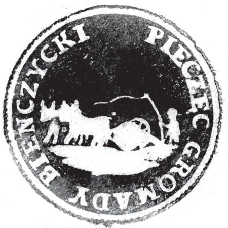 (1852)
Odciski pieczęci urzędowych Bieńczyc
z lat 1852, 1867, 1925 i 1946
(Archiwum Bazyliki św. Floriana w Krakowie,
sygn. fasc. 6; Archiwum Narodowe w Krakowie,
sygn. WMK XIV-80, s. 2078;
sygn. PUZKr 43, s. 11; sygn. UW II 391, s. 431)
