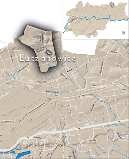Orientacyjna lokalizacja dawnej wsi Łuczanowice w obecnych granicach Krakowa – na planie miasta oznaczono
jej położenie w kształcie wyznaczonym granicami jednostki katastralnej, jaką stanowiła, ze wskazaniem
najstarszego, historycznego centrum Łuczanowic w rejonie dzisiejszych ulic Godebskiego i Bystronia