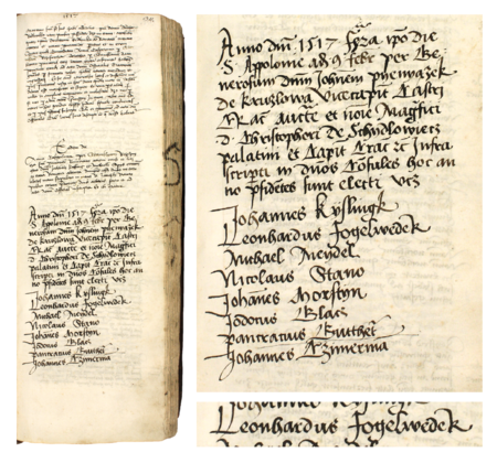 Z księgi radzieckiej obejmującej lata 1512–1526 strona 311 z wpisem dotyczącym wyboru rady urzędującej
na 1517 rok, z Leonardem Fogelwederem w składzie – oraz powiększenie zapisu imienia
(Archiwum Państwowe w Krakowie, sygn. rkps 432, s. 311)