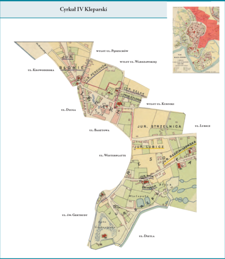 Cyrkuł IV Kleparski według stanu z roku 1792 na przywołanym wcześniej planie miasta zrekonstruowanym w 1926 r. Pierwszym
ośrodkiem tej dzielnicy było samodzielne do tej pory miasto Kleparz z przyległymi od strony północnej i północno-wschodniej dawnymi
jurydykami. Drugim ośrodkiem były dawne, teraz przyłączone do Krakowa, jurydyki położone po wschodniej części miasta, z d. jurydyką
Wesoła, od której z czasem cały ten teren przyjmie swoją przedmiejską nazwę.
Użyte przy powyższym planie dzielnicy nazwy terenowe podano według nazewnictwa obowiązującego aktualnie.