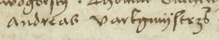 Z księgi ławniczej Kleparza obejmującej lata 1499–1528: fragment wpisu z 1505 roku dokumentującego
wybór wójta i ławy miejskiej; wśród nowo wybranych ławników przyszły rajca Andrzej Warkmistrz – zbliżenie zapisu imienia
(Archiwum Narodowe w Krakowie, sygn. KL 1, s. 72)