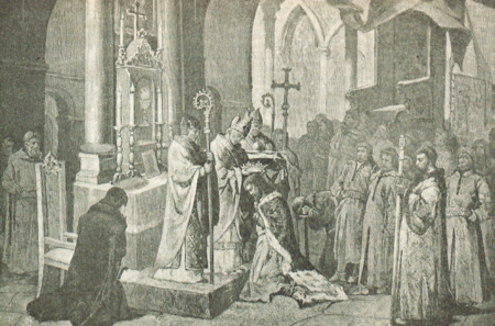 (180) Początek krakowskiej „stołeczności i królewskości” na grafice Kazimierza Alchimowicza
Koronacja Władysława Łokietka 20 stycznia 1320 r. – ceremonii tej dokonał w katedrze
na Wawelu arcybiskup gnieźnieński Janisław („Tygodnik Ilustrowany” 1920, nr 4, s. 67)