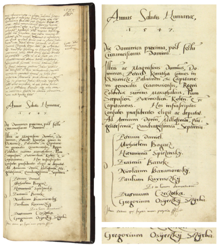 Z księgi radzieckiej obejmującej lata 1545–1547 strona 615 z wykazem rajców urzędujących
nominowanych na rok 1547, wśród których znajduje się Grzegorz Osiecki zwany Szczerbą – oraz powiększenie zapisu imienia
(Archiwum Państwowe w Krakowie, sygn. rkps 440, s. 615)