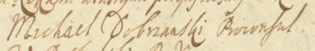 Z akt rachunkowych Kleparza obejmujących rozliczenia lonerskie z lat 1688–1715:
końcowy fragment wpisu z 1713 roku dotyczącego zestawienia długów zaciągniętych przez lonerów, co w pierwszej
pozycji podpisał Michał Dobrzański, wówczas burmistrz kleparski – oraz zbliżenie zapisu imienia i funkcji
(Archiwum Narodowe w Krakowie, sygn. KL 129, s. 24)