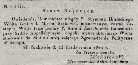 Obwieszczenie Senatu Rządzącego Wolnego Miasta Krakowa opublikowane w 1829 r.,
dotyczące powierzenia obowiązków wójta Antoniemu Żelechowskiemu
(DzRzWMK 1829, nr 41–42, s. 161–162)