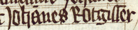 Z księgi radzieckiej Kazimierza obejmującej lata 1416–1433: fragment wpisu dokumentującego wybór rajców na rok 1426,
z Janem Rotgisserem w składzie – oraz zbliżenie zapisu imienia (Biblioteka Jagiellońska, sygn. rkps 1045/2, k. 152)