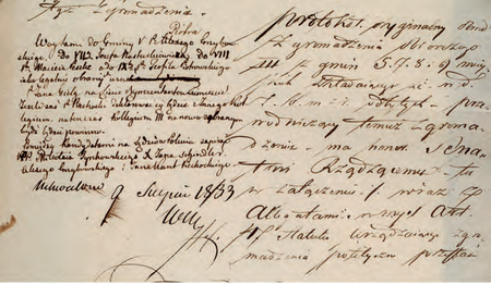 Z dokumentów Zgromadzenia Obiorczego wspólnego dla gmin miejskich V, VII, VIII i IX, przeprowadzonego
w 1833 r. notatka z wyborem nowych wójtów – wśród nich Teofil Piotrowski, wójt Gminy IX
(Archiwum Narodowe w Krakowie, sygn. WMK V-3b, s. 889)