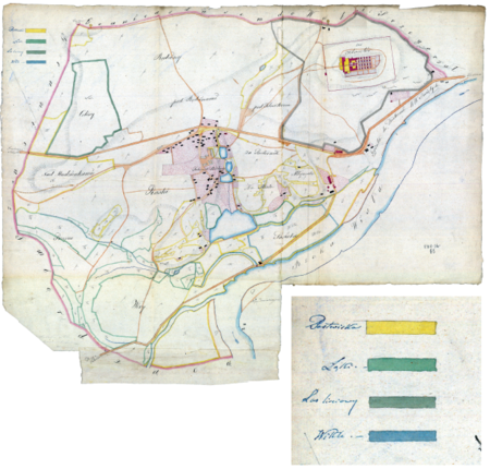 Z Archiwum Wolnego Miasta Krakowa mapa wsi Bielany w oryginale wyrysowana w 1820 roku przez Karola Bełcikowskiego,
geometrę rządowego, tu w kopii wykonanej przez Teofila Żebrawskiego – oraz powiększenie ocalałego fragmentu legendy
(Archiwum Narodowe w Krakowie, sygn. 29/200/65)