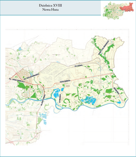 Dzielnica XVIII Nowa Huta według stanu z 2017 r. na przywołanym wcześniej planie miasta z tego samego roku – dzielnica samorządowa
o powierzchni 65,41 km² (udział 20,01% w całej powierzchni miasta), położona na terenach historycznych jednostek
katastralnych: Mogiła, Pleszów, Branice, Ruszcza, Wyciąże, Kościelniki, Wróżenice, Wolica, Przylasek Wyciąski, Przylasek Rusiecki,
po części także Bieńczyce i Lubocza, fragmentami Czyżyny, Krzesławice, Wadów i Przewóz (vide plan na s. 239).
Opis przebiegu granic tej dzielnicy podano na następnej stronie.