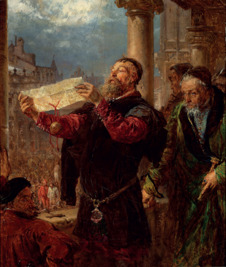 (429) Obraz olejny Jana Matejki Wyrok na Matejkę namalowany w 1867 r. jako odpowiedź artysty na krytykę jego dzieła Rejtan; scena z czasów
renesansu, z prawej strony na galerii Sukiennic widoczna postać burmistrza Krakowa trzymającego w lewej ręce berełko burmistrzowskie, a wskazujący
palec jego dłoni jest ozdobiony burmistrzowskim pierścieniem (MNW, nr inw. MP 2553)