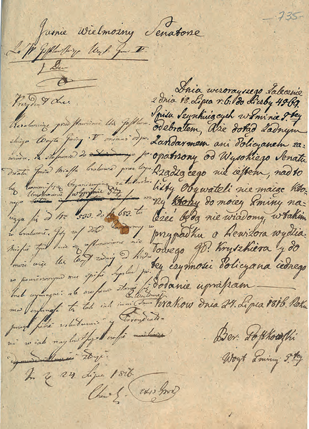 Z akt Wolnego Miasta Krakowa dokument z 1816 r., w którym wójt Bernard Gostkowski uprasza o asystę
policyjną dla sporządzenia wymaganego od niego spisu osób prowadzących wyszynk
(Archiwum Narodowe w Krakowie, sygn. III-18-1, s. 735)