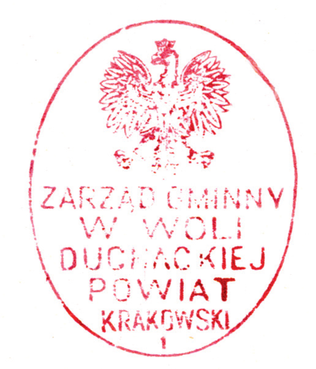 (1938)
Odcisk w laku pieczęci gromadzkiej Woli
Duchackiej z 1843 roku oraz odciski pieczęci
urzędowych z lat 1843, 1900 i 1938
(Archiwum Narodowe w Krakowie,
sygn. K. Krak. op. 83, s. 17; sygn. K. Krak.
op. 76, s. 4; sygn. Kr 7950, nlb.;
sygn. 29/1023/36, nlb.)