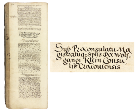 Z księgi radzieckiej obejmującej lata 1581–1584 strona 454 z nagłówkiem otwierającym wpisy spraw prowadzonych
za kadencji burmistrzowskiej Wolfanga Kleina w 1583 roku – oraz powiększenie zapisu imienia i funkcji burmistrza
(Archiwum Państwowe w Krakowie, sygn. rkps 448, s. 454)