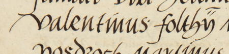Z księgi radzieckiej Kleparza obejmującej lata 1539–1546: fragment wpisu z 1546 roku dokumentującego
wybór rady urzędującej, z rajcą-burmistrzem Walentym Foltynem w składzie – zbliżenie zapisu imienia
(Archiwum Narodowe w Krakowie, sygn. KL 24, s. 810)