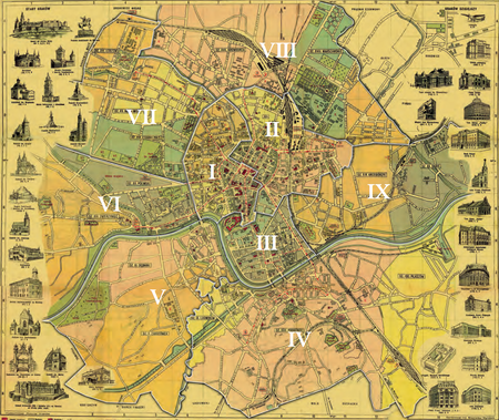Podział Krakowa na 9 obwodów według stanu z listopada 1928 r. – na Planie Krakowa wyrysowanym przez
Stanisława Wyrobka, wydanym w 1934 r. Podstawa rysunku granic obwodów: vide s. 169
(Biblioteka Jagiellońska, sygn. M 41/109)
