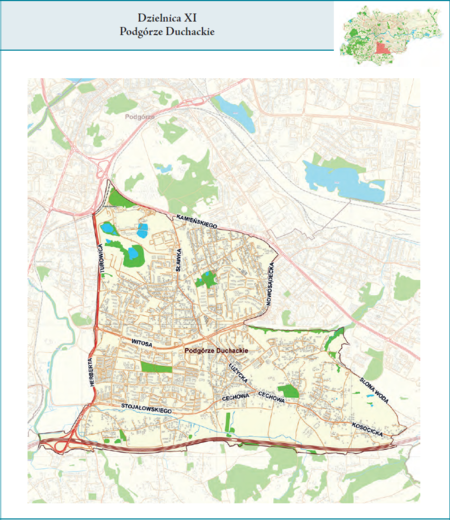 Dzielnica XI Podgórze Duchackie według stanu z 2017 r. na przywołanym wcześniej planie miasta z tego samego roku – dzielnica
samorządowa o powierzchni 9,54 km² (udział 2,92% w całej powierzchni miasta), położona na terenach historycznych jednostek
katastralnych: Wola Duchacka, Kurdwanów i Piaski Wielkie, po części także Łagiewniki, fragmentami Swoszowice, Podgórze, Prokocim,
Rżąka i Kosocice (vide plan na s. 239). Opis przebiegu granic tej dzielnicy podano na następnej stronie.