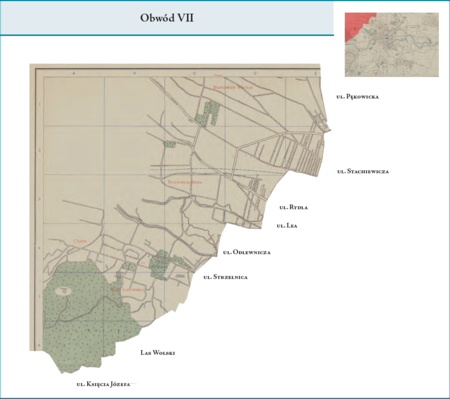 Obwód VII według stanu z roku 1951 na przywołanym wcześniej planie miasta z 1957 r. – dzielnica administracyjna
analogiczna do Obwodu VII poprzedniego podziału wewnętrznego miasta, obejmująca zatem w całości dzielnice katastralne
XXXIII–Wola Justowska, XXXIV–Chełm, XXXV–Bronowice Małe, XXXVI–Bronowice Wielkie i XXXVII–Tonie. Użyte
przy powyższym planie dzielnicy nazwy terenowe podano według nazewnictwa obowiązującego aktualnie.